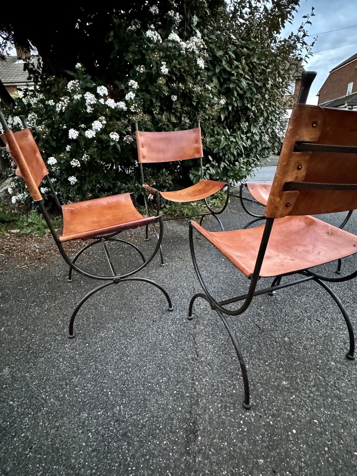 Set Of 4 Vintage English Saddle Leather & Wrought Iron Chairs photo furniture