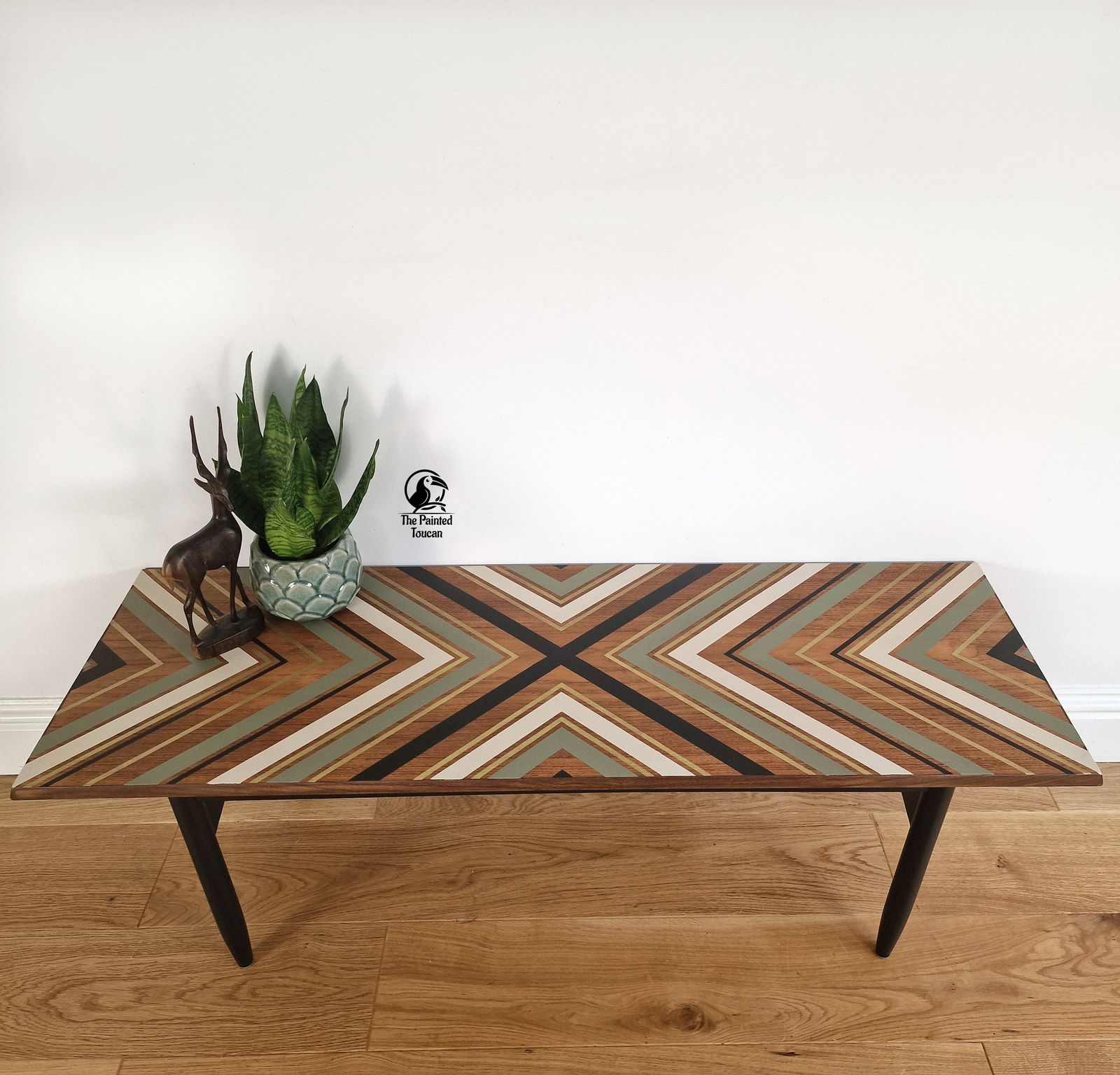 Large Mid Century Teak Surfboard Coffee Table Customised With Tape Design photo vintage