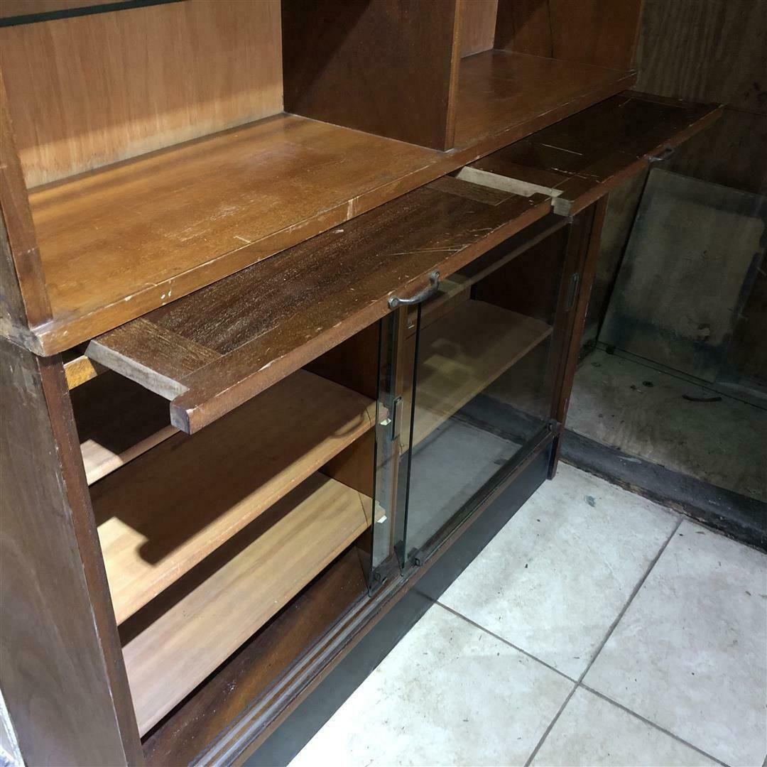 Mid Century Teak Office Shelving System With Sliding Glass Doors 1950s photo vinterior