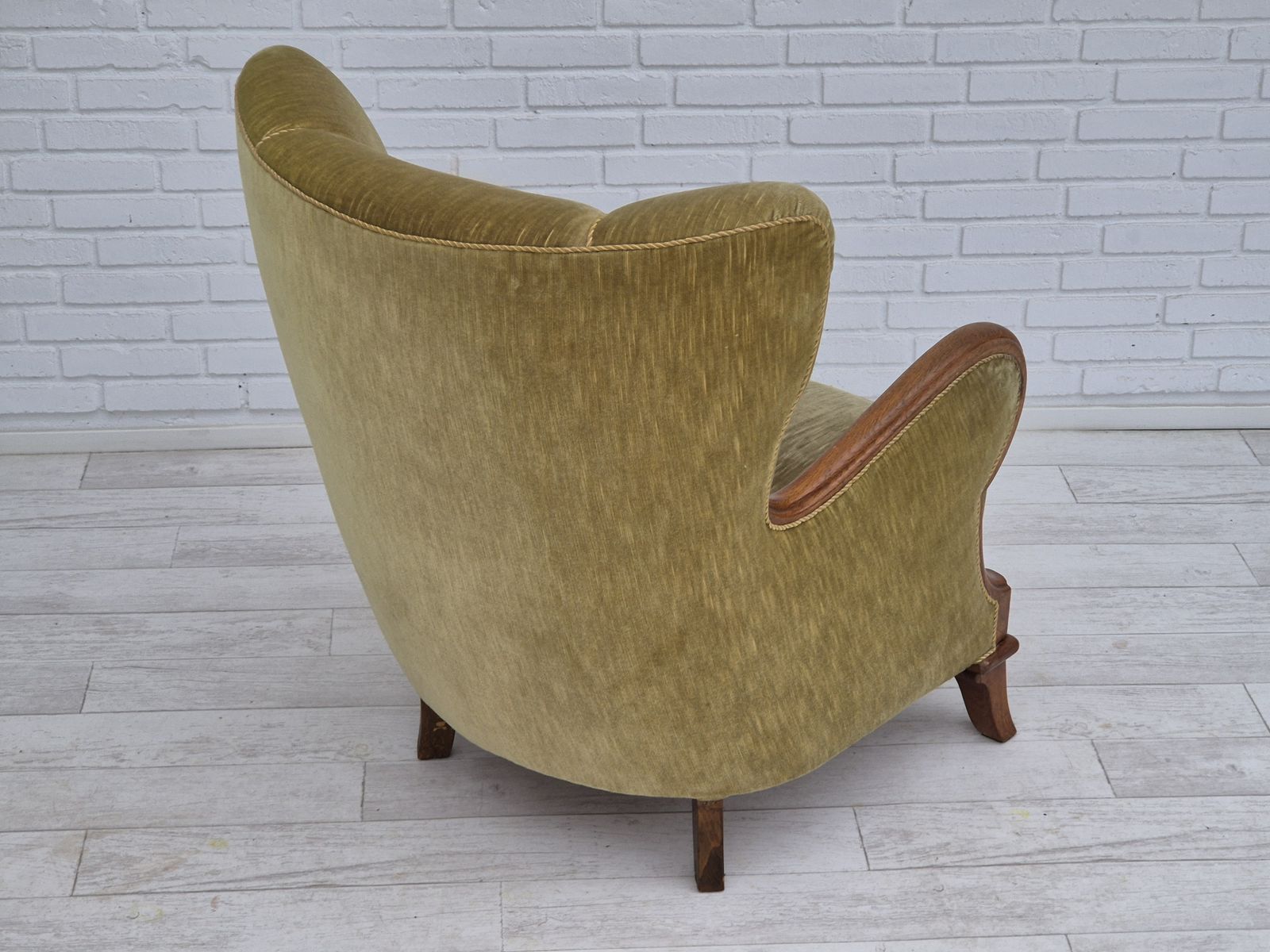 1960s, Danish Armchair In Original Very Good Condition, Furniture Velour, Oak Wood. photo vinterior