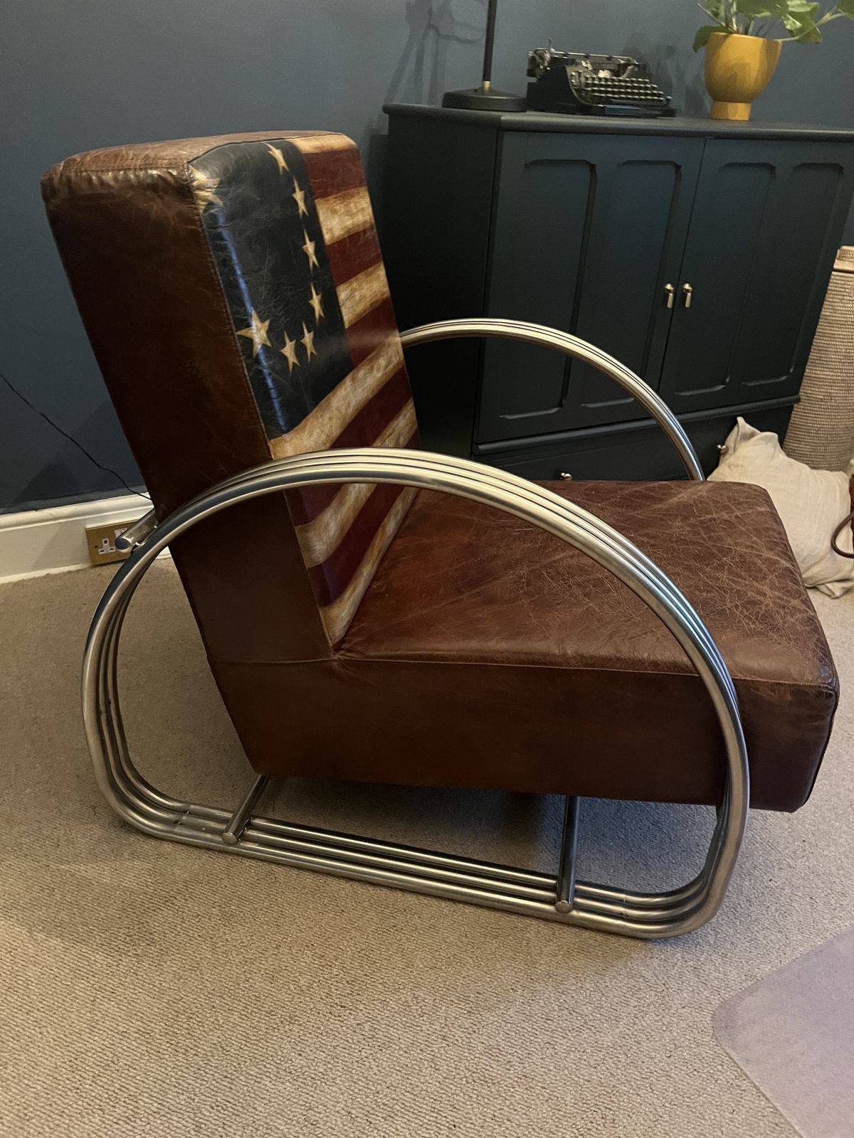 Andrew Martin Cadillac Armchair With American Flag Design photo furniture