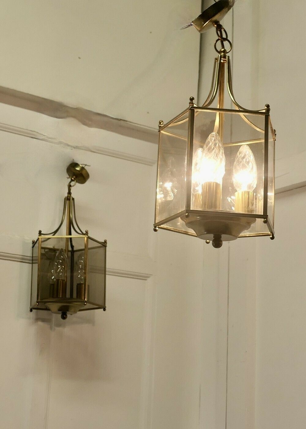 Superb Quality Pair Of Art Deco Style Brass And Glass Lanterns photo vintage