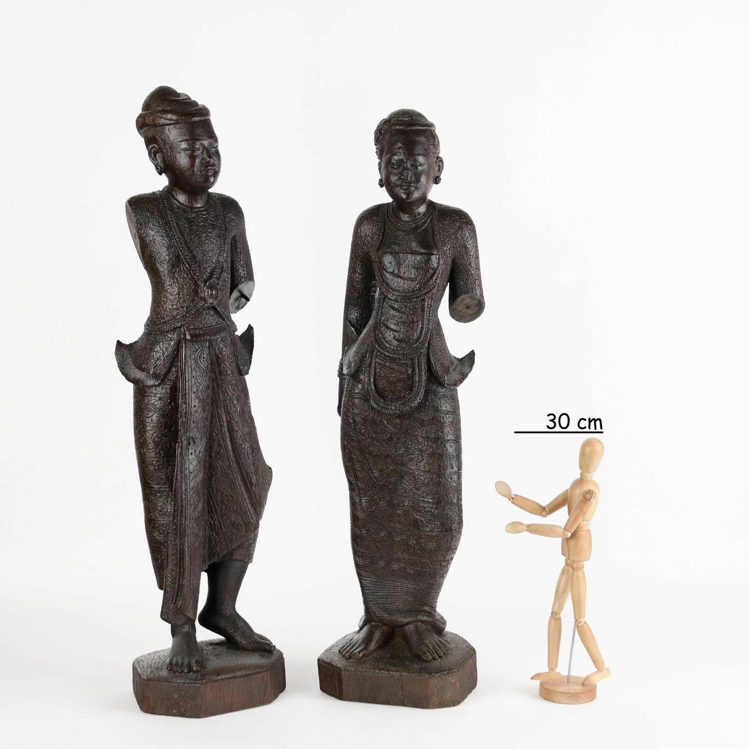 Pair Of Antique Figurines Solid Wood Burma Early XX Century photo furniture