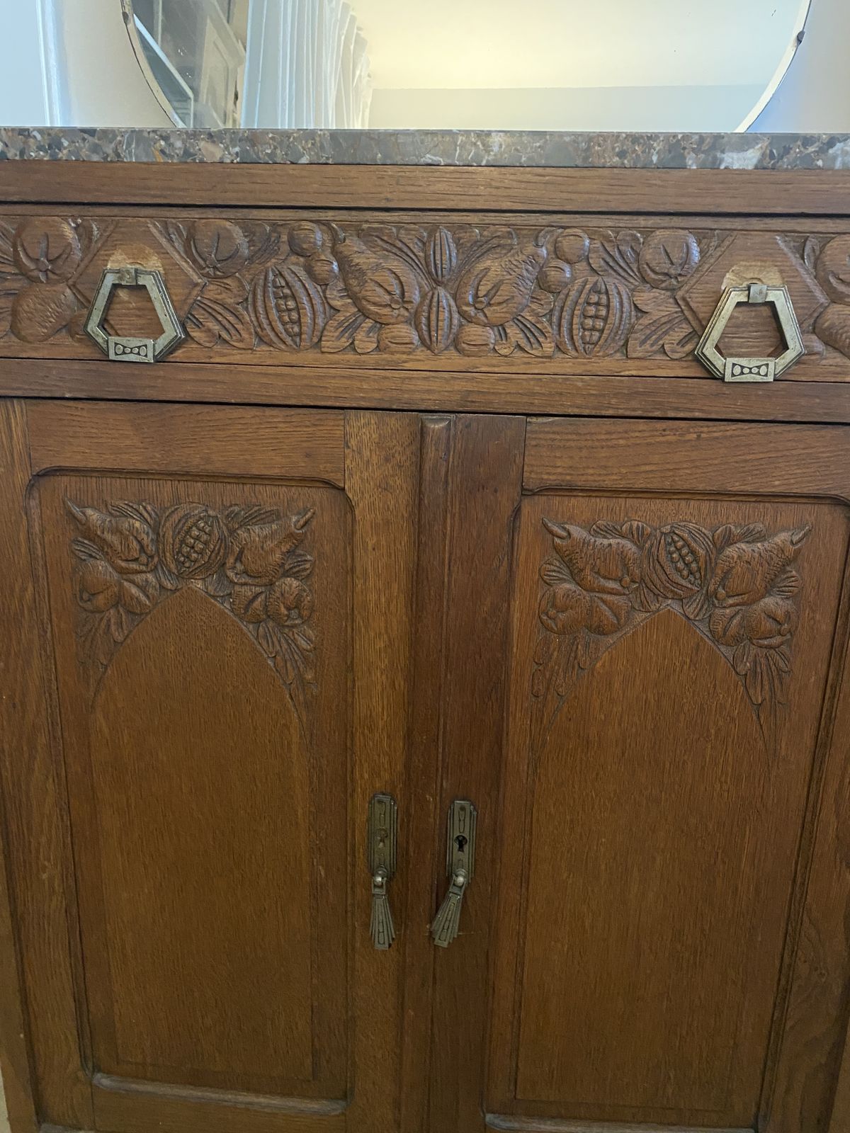Carved Wooden Cabinet With Marble Top photo for sale