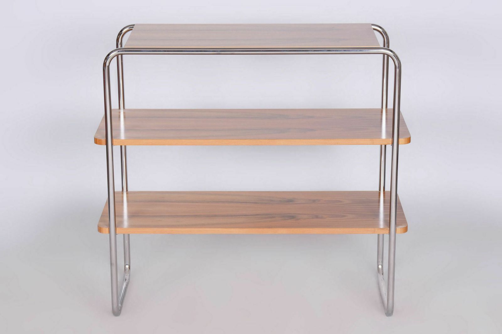 Restored Bauhaus Etagere, By Kovona, Walnut, Chrome Plated Steel, Czech, 1940s photo buy