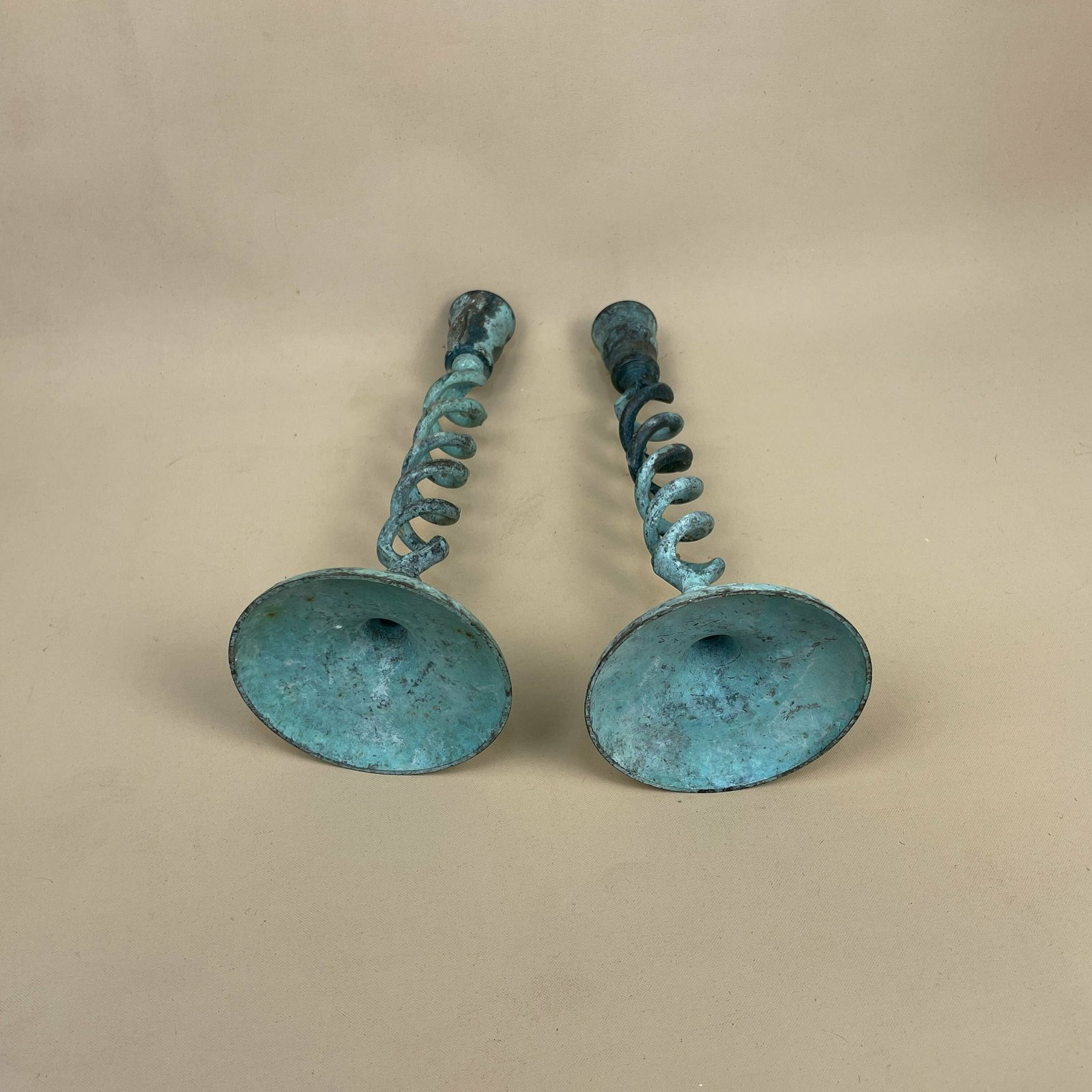 Antique Matching Pair Of Blue Aged Patina Gold Brass Metal Candlestick Candle Stick Vintage Column Taper Dinner Candlesticks Twisted Twist photo buy