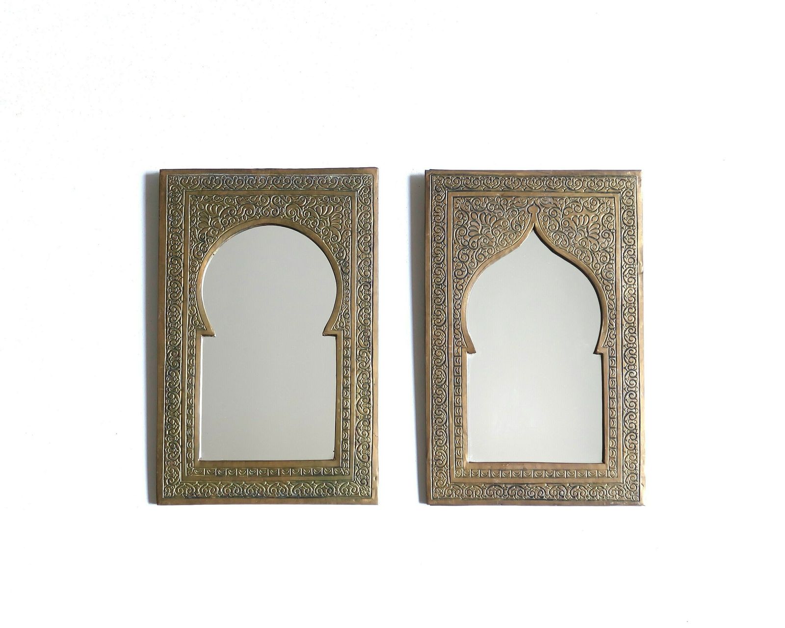 Pair Of Brass Moroccan Rectangular Wall Mirrors, Door Shaped, 1970s / Boho Chic, Bohemian, Folk Bathroom, Morocco, Arabian