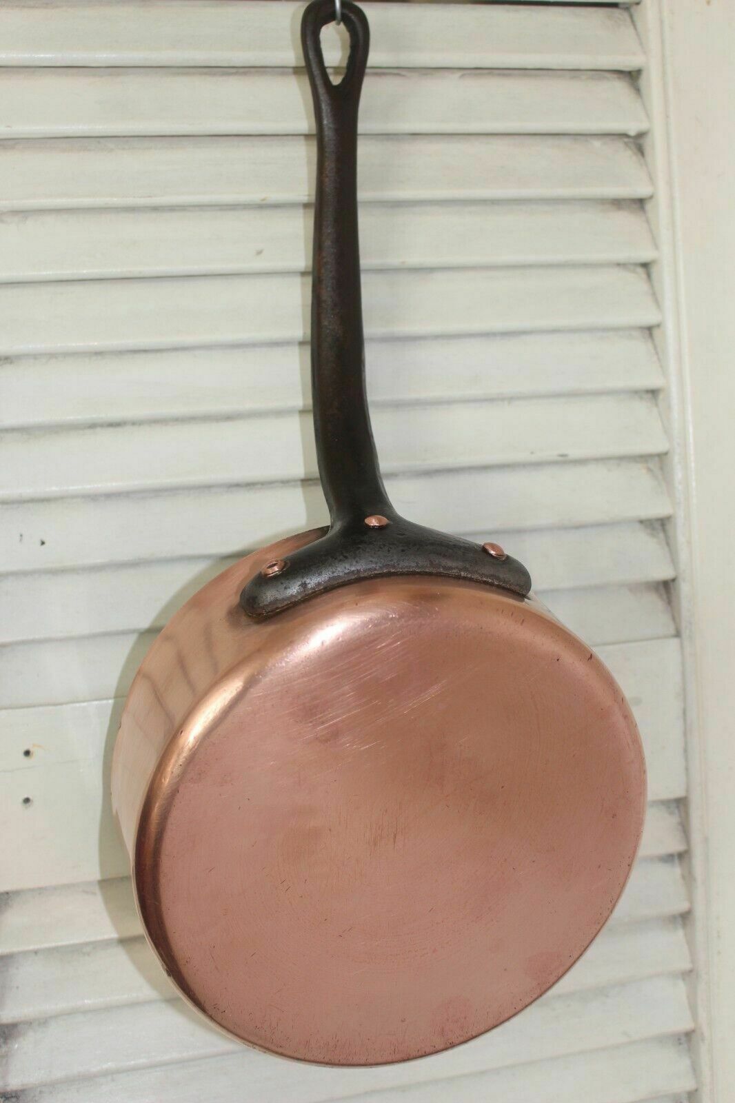French Vintage Pair Of Professional Rare Find Copper Fry Pans Iron Handle Paris photo furniture