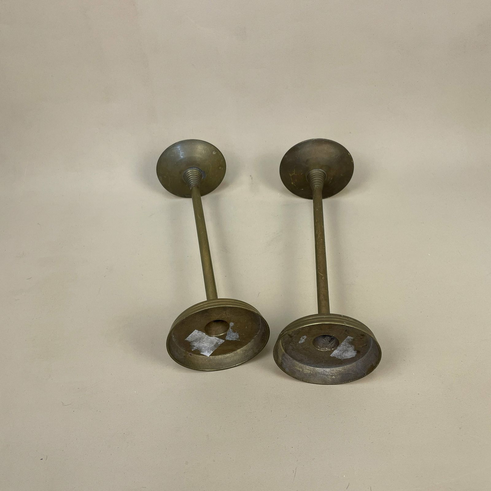 Antique Matching Pair Of Gold Brass Metal Candlestick Candle Stick Vintage Column Taper Dinner Candlesticks Pointed Thin Round Base photo 55.0