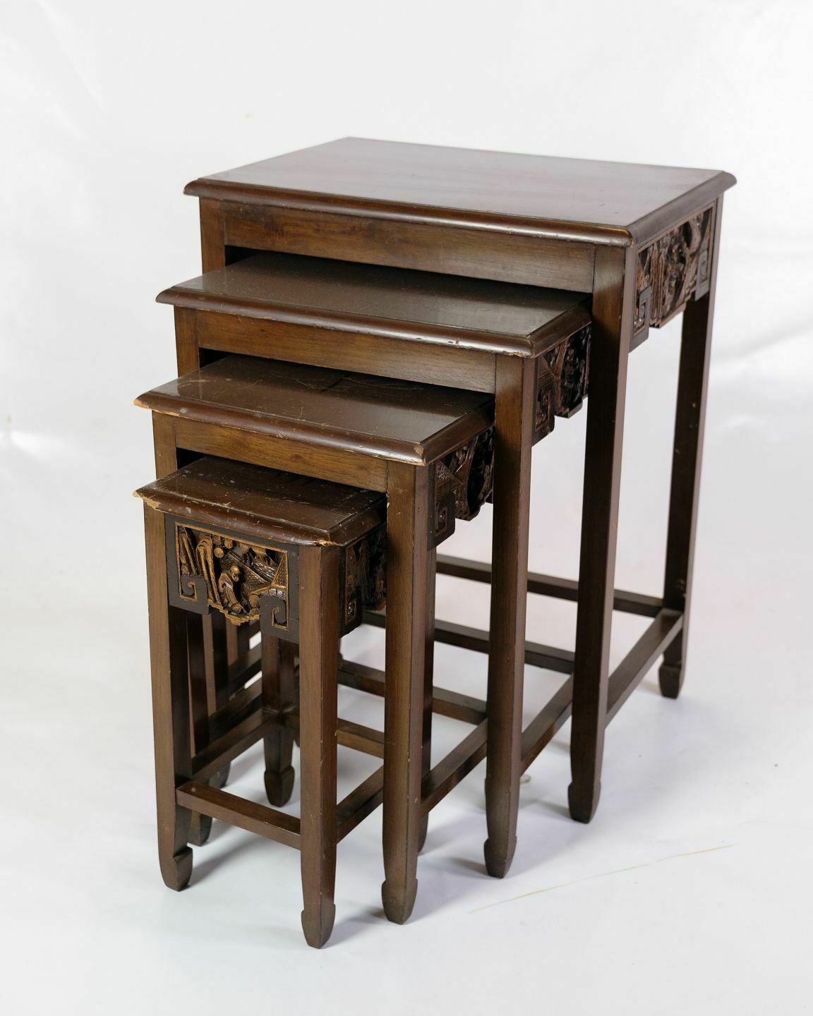 4 Antique Side Tables/Side Tables In Chinese Style Made In Mahogany  & Decorated With Various Motifs From 1930s