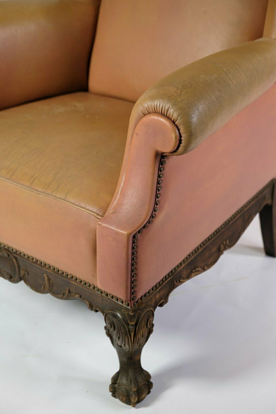 Antique High Ear Flap Chair  In Brown Studded Leather From 1920s photo for sale
