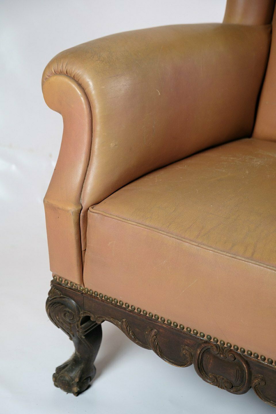 Antique High Ear Flap Chair  In Brown Studded Leather From 1920s photo Furniture