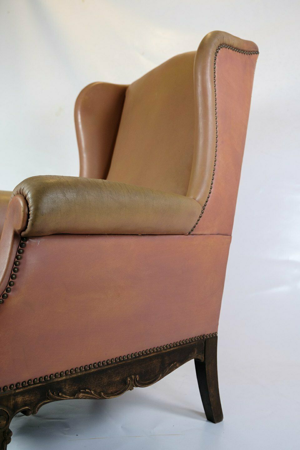 Antique High Ear Flap Chair  In Brown Studded Leather From 1920s photo 795.0