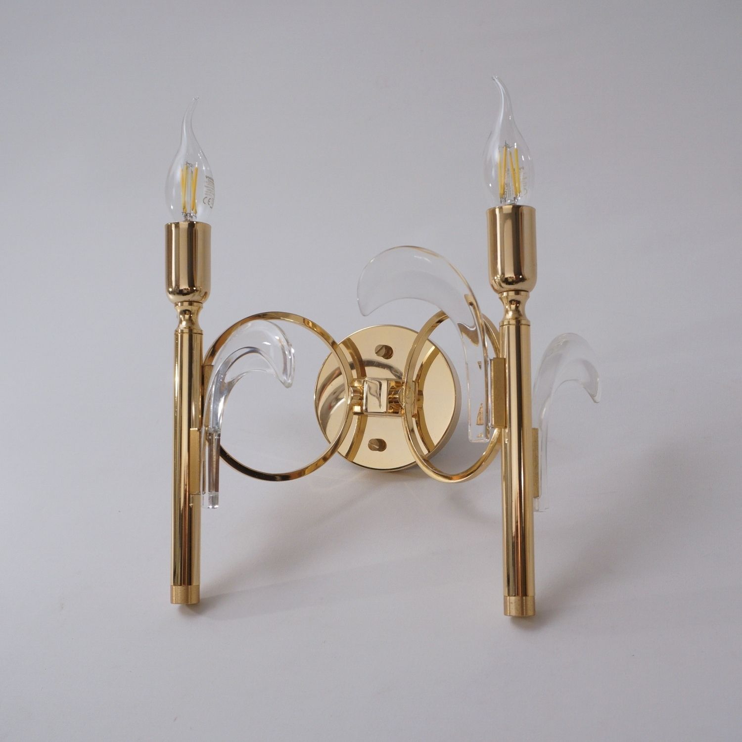 Pair Vintage Palm Tree Brass Wall Lights Sconces, Gaetano Sciolari Style, Crystal On Gold Plated Gilt Frames, 1970`s Ca, Italian, Rewired photo for sale