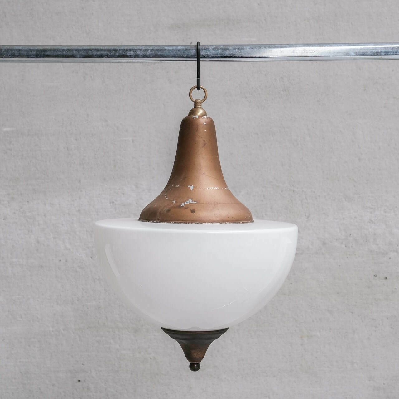 Large Mid Century Metal And Opaline Glass French Pendant Light