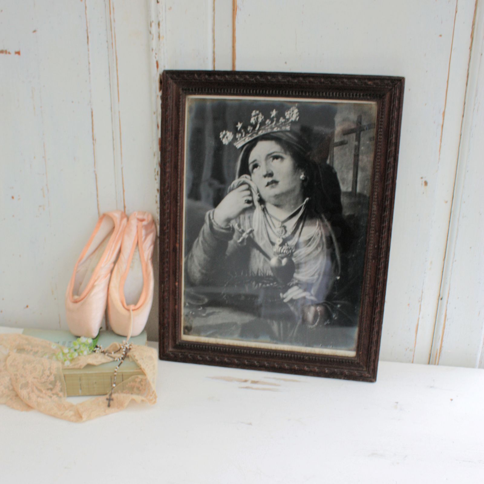 French Antique Wooden Framed Black And White Religious Print photo furniture