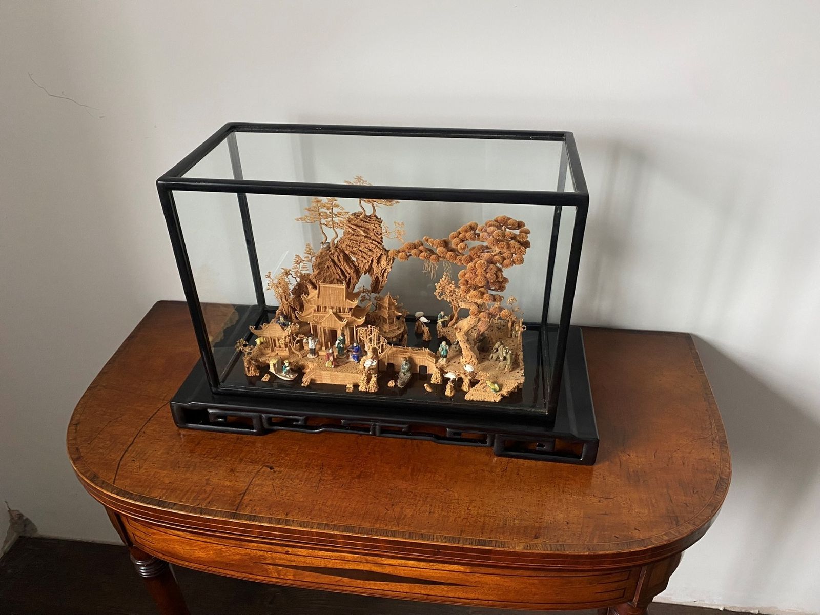 Large Scale Antique Chinese Carved Cork Diorama In Ebonised Glass Display Case photo vinterior