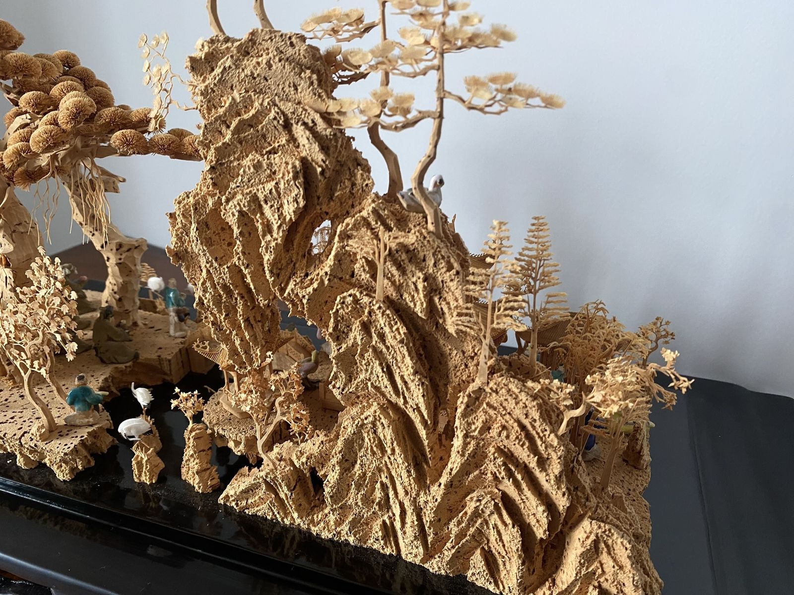 Home Decor Large Scale Antique Chinese Carved Cork Diorama In Ebonised Glass Display Case photo