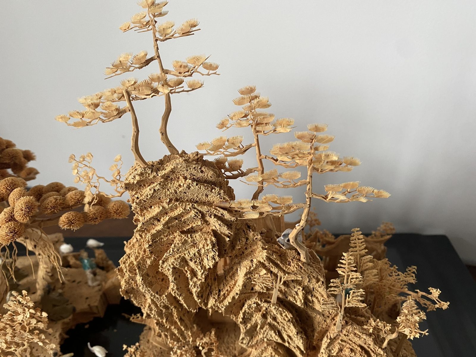 950.0 Large Scale Antique Chinese Carved Cork Diorama In Ebonised Glass Display Case photo