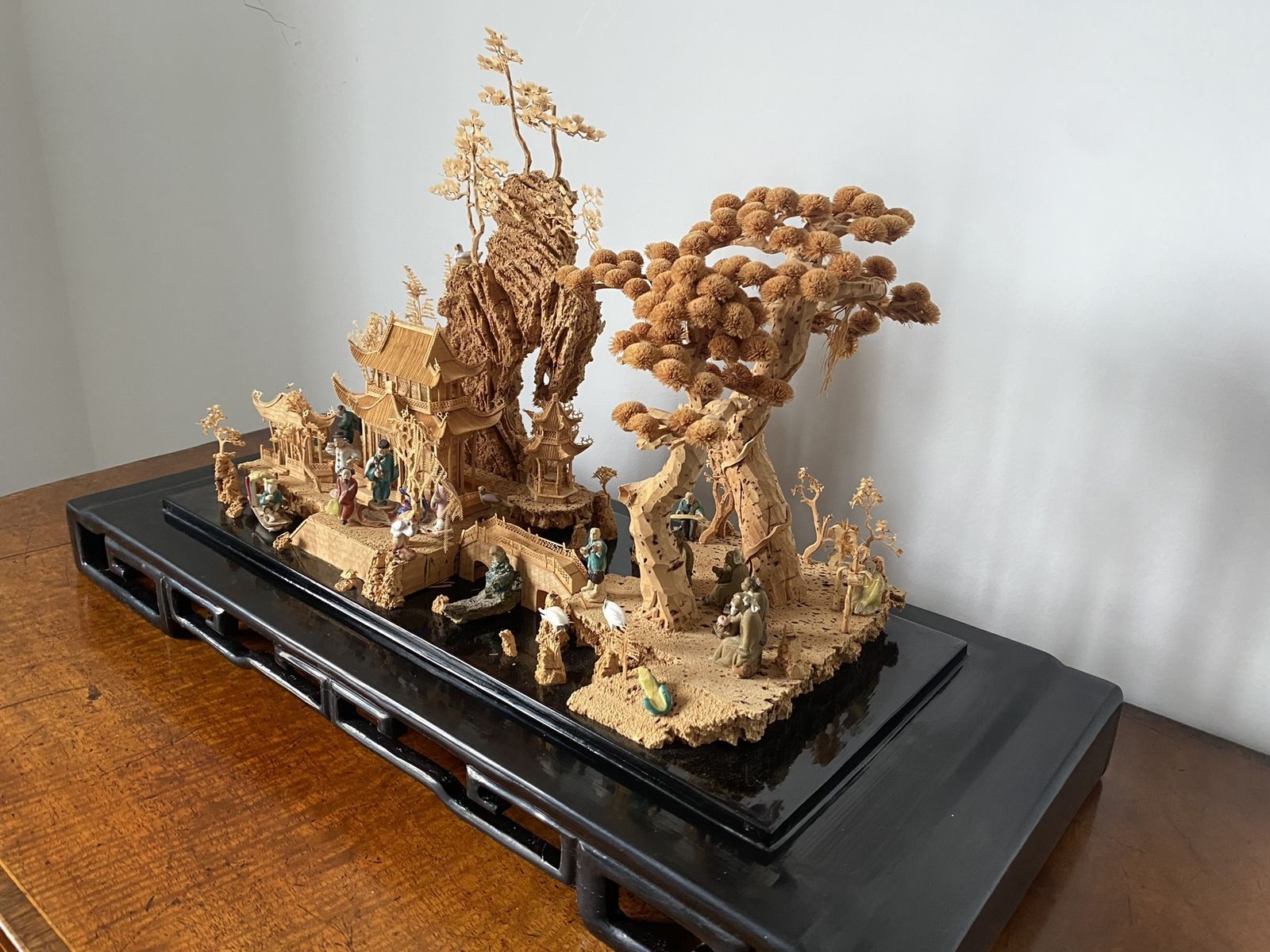 photo vintage Large Scale Antique Chinese Carved Cork Diorama In Ebonised Glass Display Case