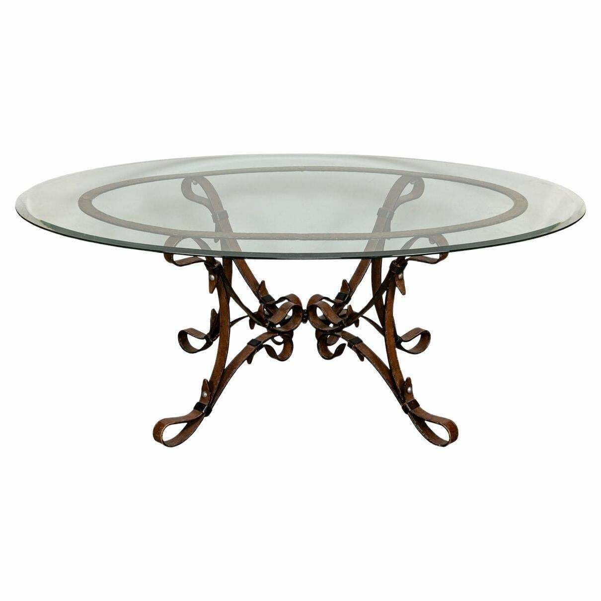 Cold Painted Wrought Iron Strap & Stitch, Glass Top Coffee Table C.1980