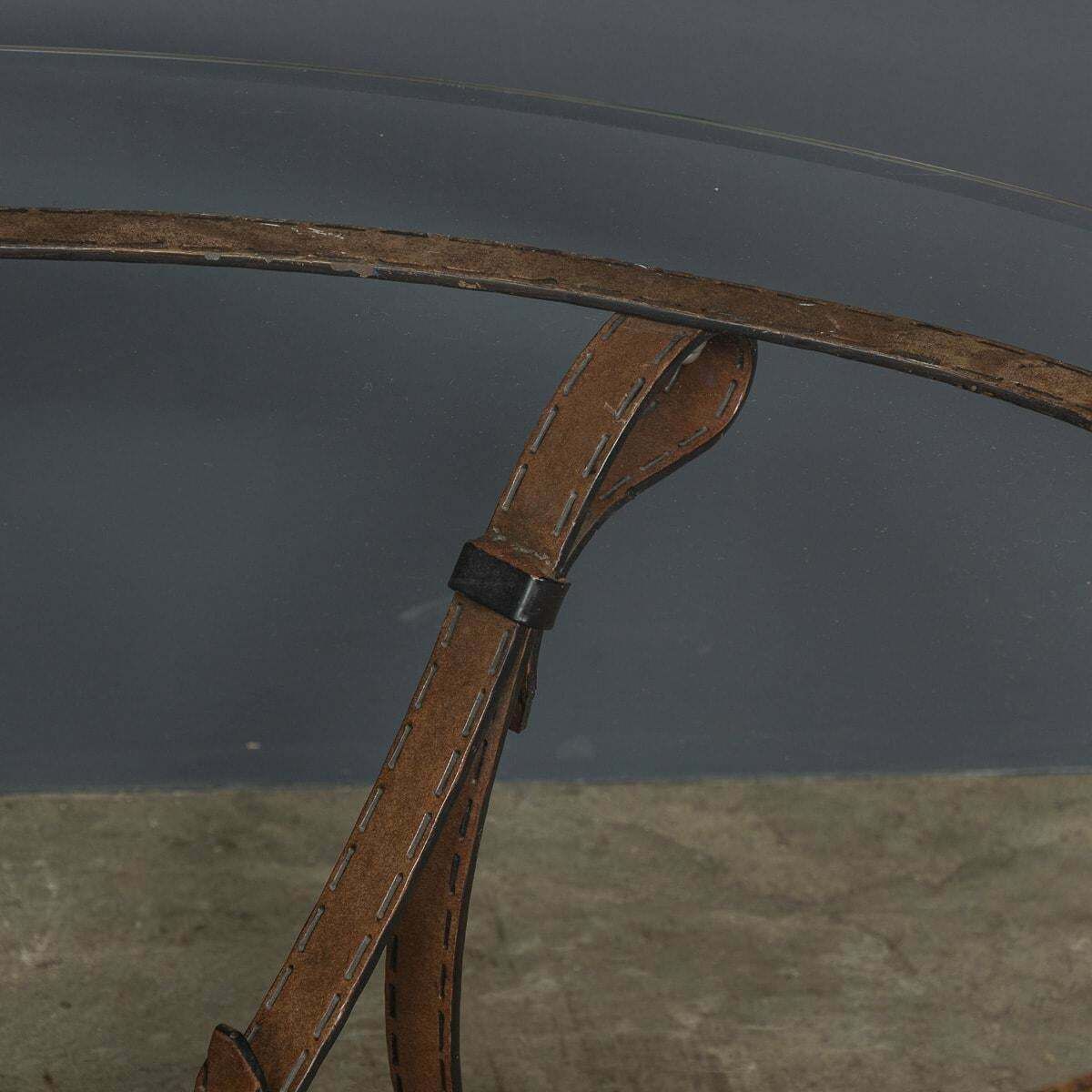 photo furniture Cold Painted Wrought Iron Strap & Stitch, Glass Top Coffee Table C.1980