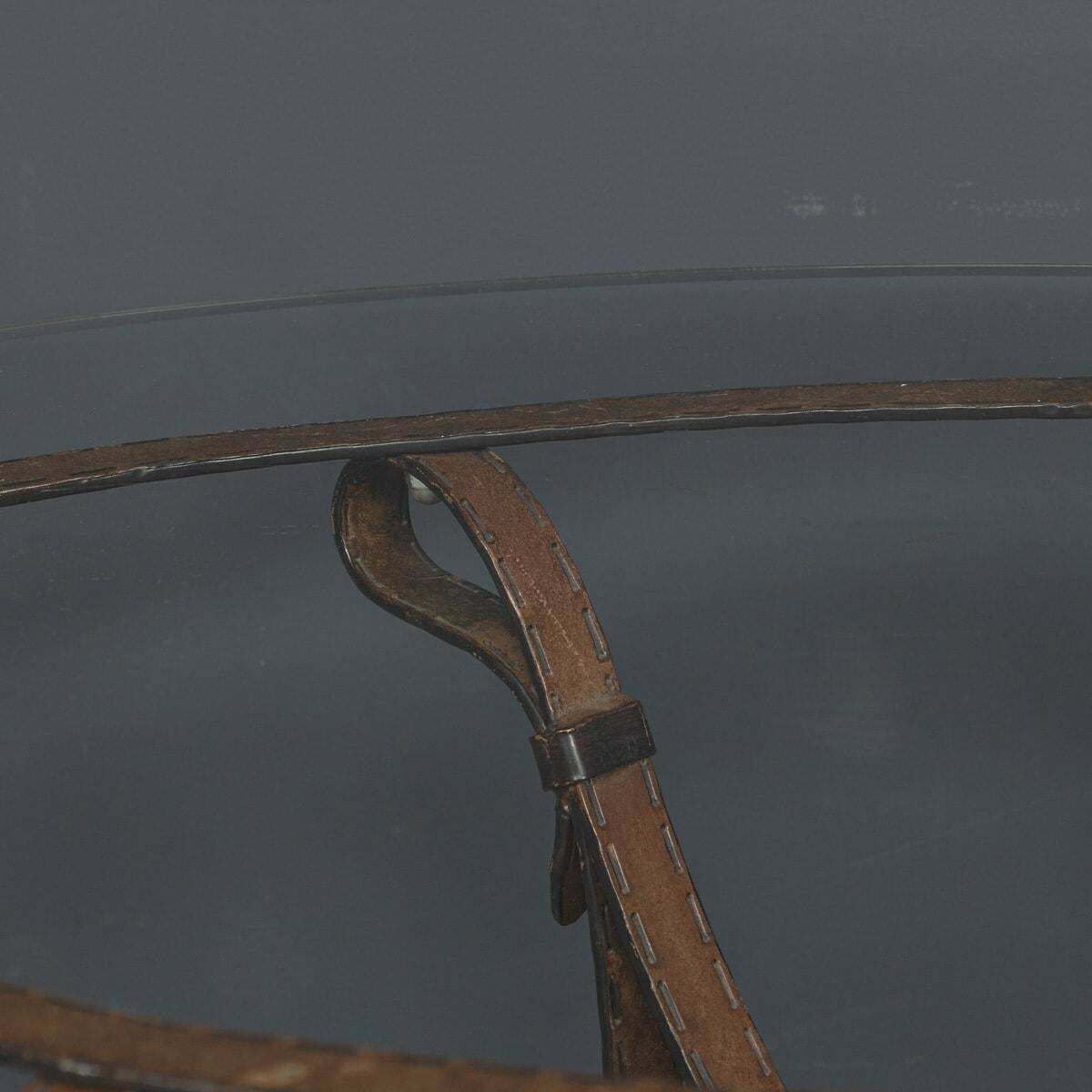 photo buy Cold Painted Wrought Iron Strap & Stitch, Glass Top Coffee Table C.1980