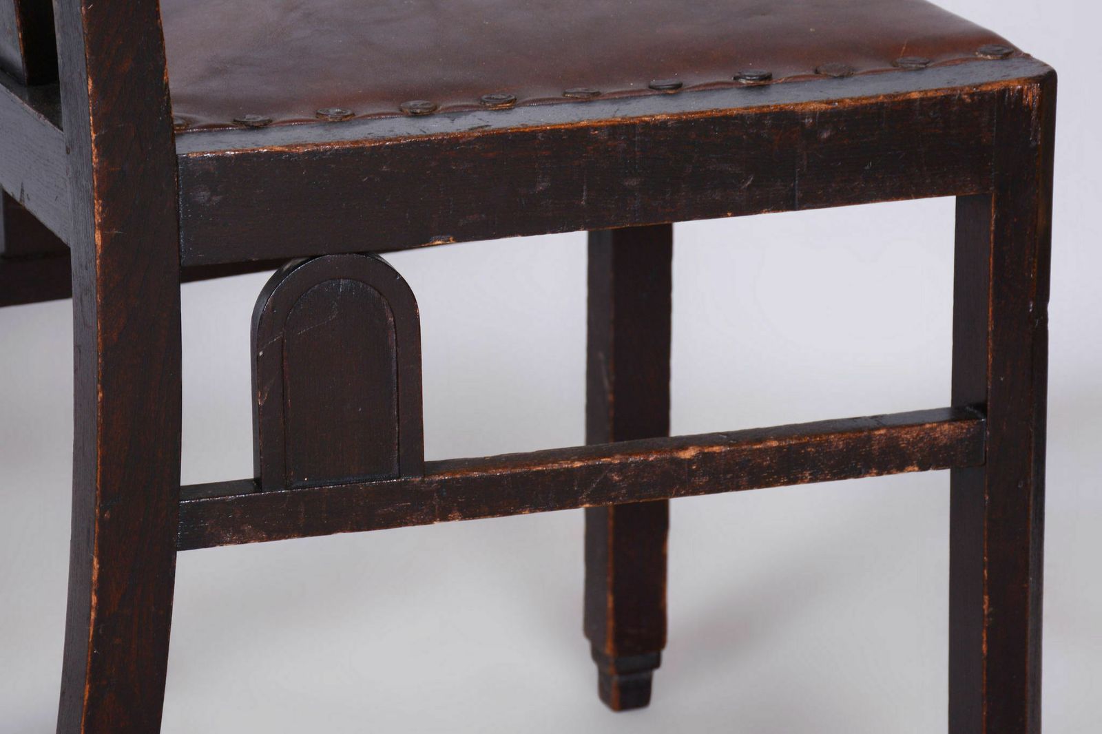 Set Of Four Cubist Chairs, By Josef Gočár, Solid Oak, Red Leather, Czech, 1910s photo vintage