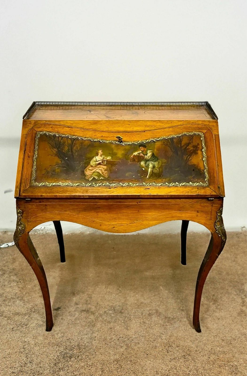 Antique Ladies French Writing Desk With Hand Painted Facade By Henri Martin