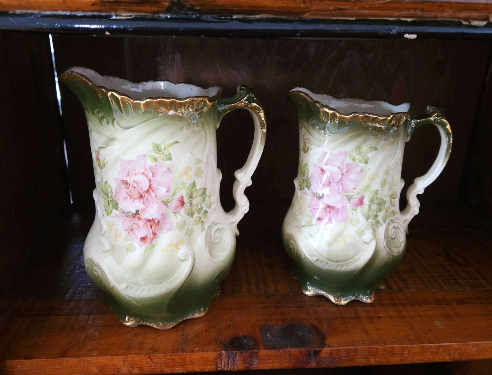 Pair Of Exquisite Victorian Art Nouveau Pitchers With Gold & Floral Decoration photo 129.0