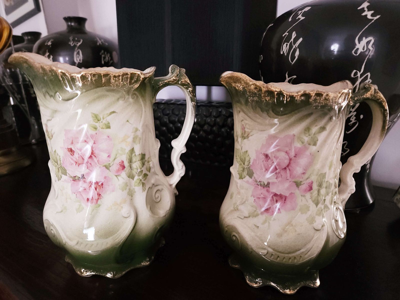 Pair Of Exquisite Victorian Art Nouveau Pitchers With Gold & Floral Decoration photo vinterior