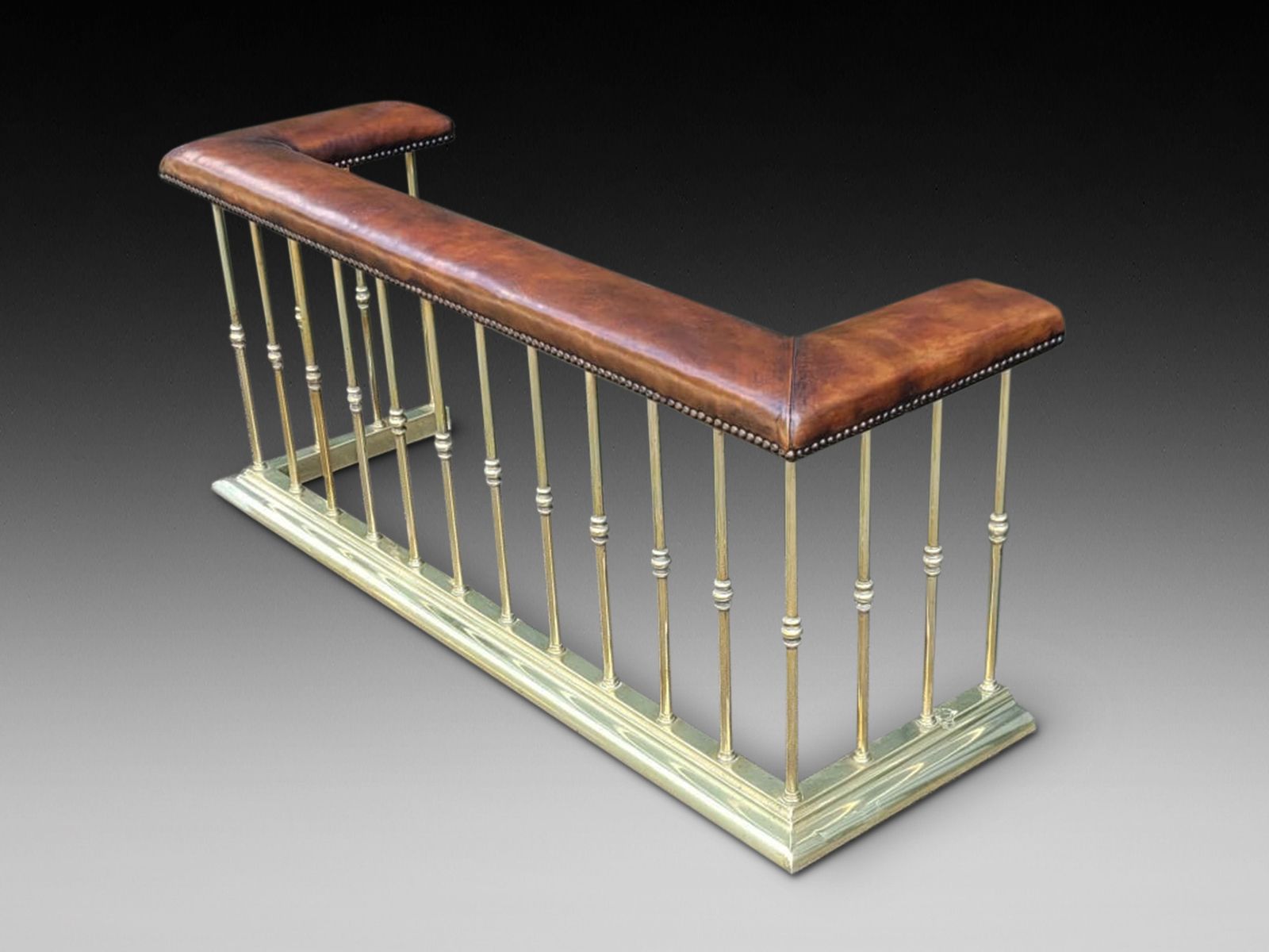 19th C Brass Fender With Padded Leather Seats