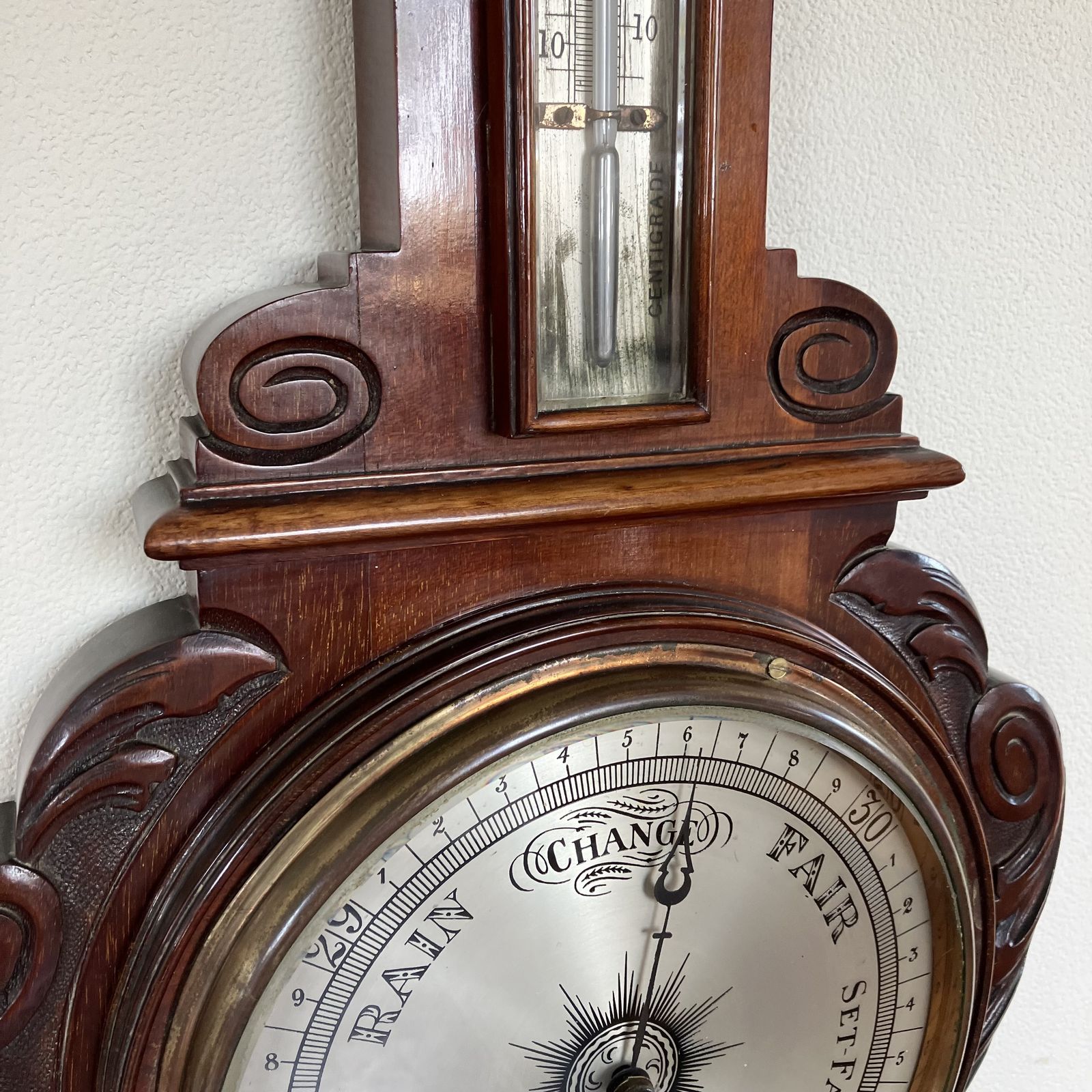 Beautiful Edwardian Carved Banjo Aneroid Barometer With Thermometer By James Lucking & Co photo vintage
