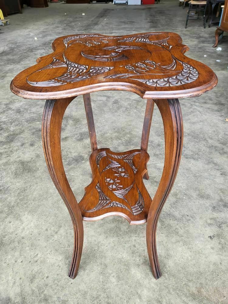photo for sale Antique Edwardian Serpentine Carved 2 Tier Side End Lamp Table Cabriole Legs