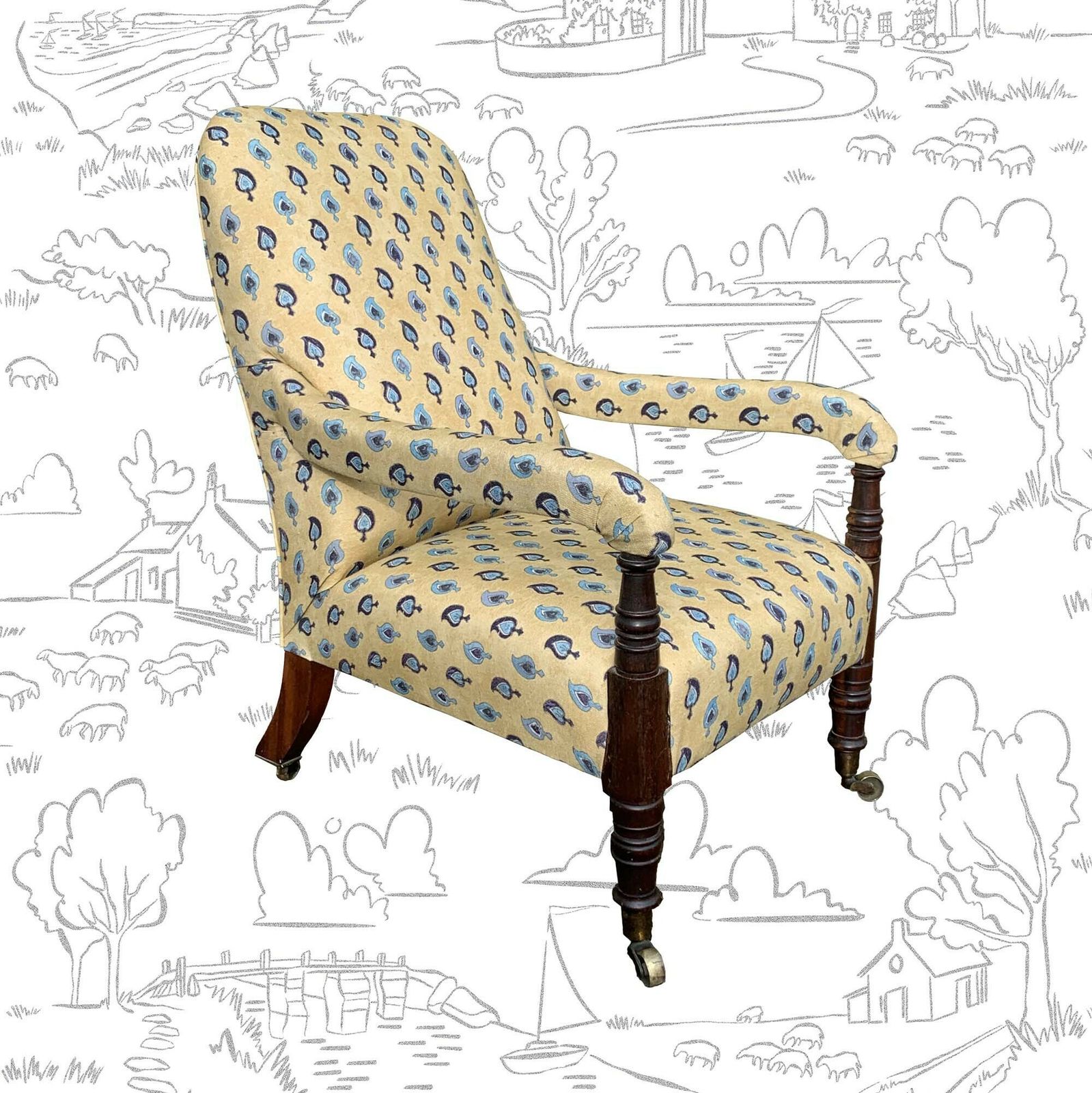 Antique Statement Open Armchair In A Floral Yellow Robert Kime Fabric