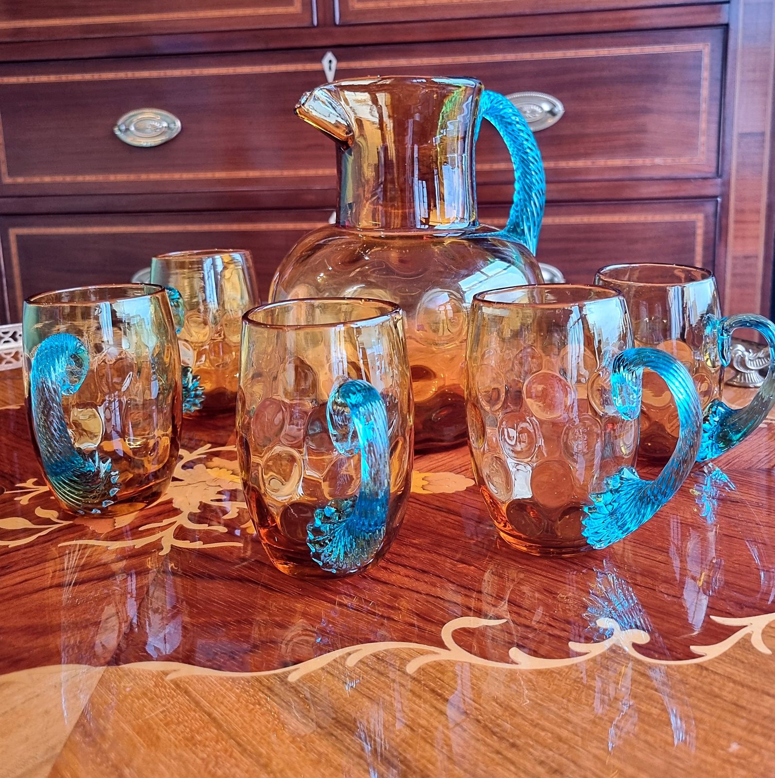 Rare Victorian Amber Dimpled Glass Water Jug Glassware Set Drinking Glasses Cups Mugs Turquoise Handles