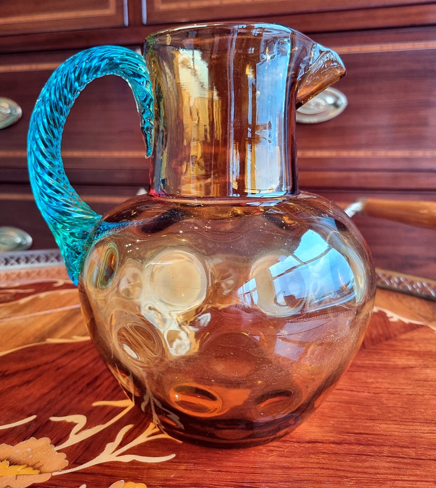 Rare Victorian Amber Dimpled Glass Water Jug Glassware Set Drinking Glasses Cups Mugs Turquoise Handles photo Home Decor