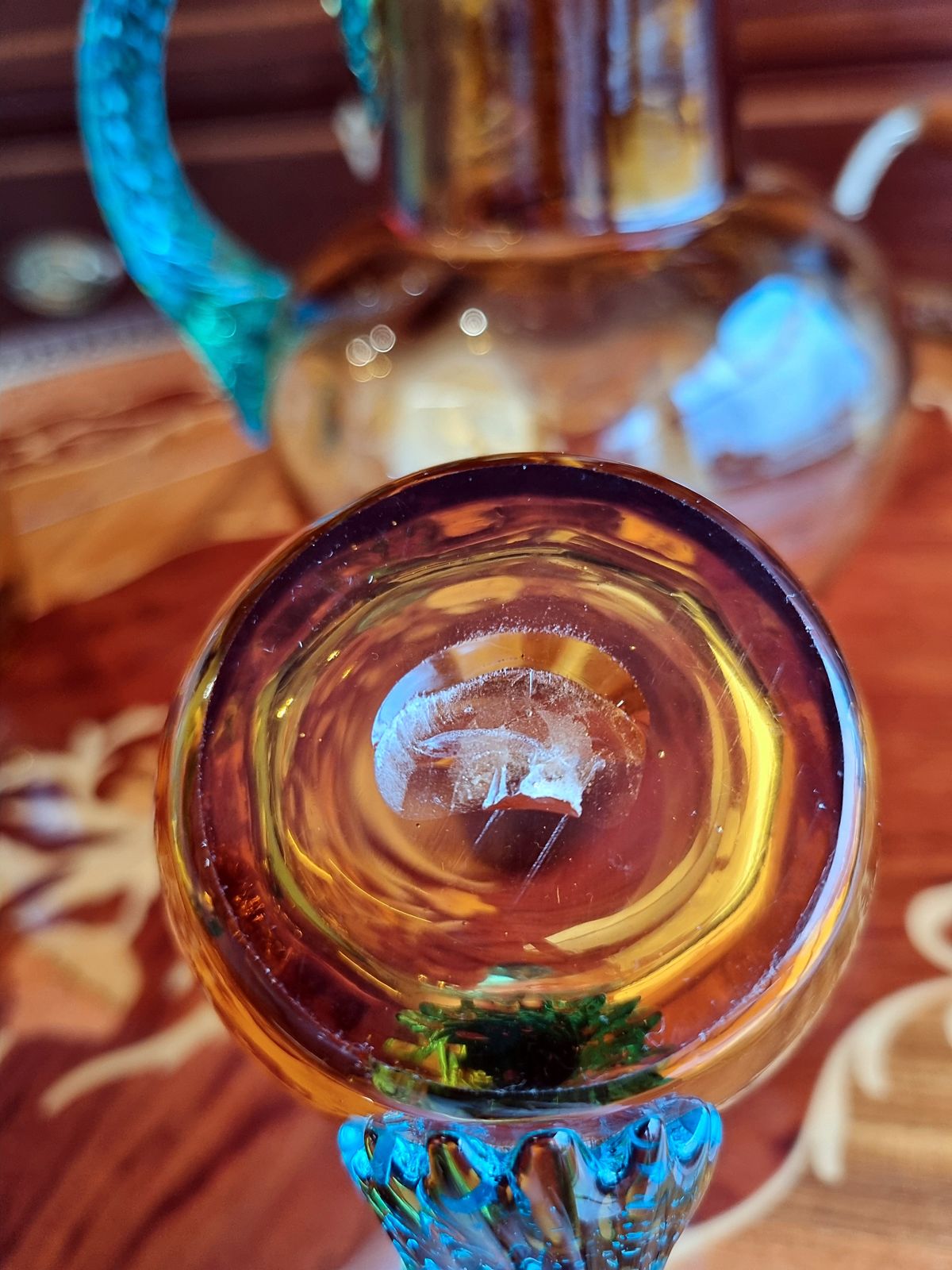 Rare Victorian Amber Dimpled Glass Water Jug Glassware Set Drinking Glasses Cups Mugs Turquoise Handles photo 100.0