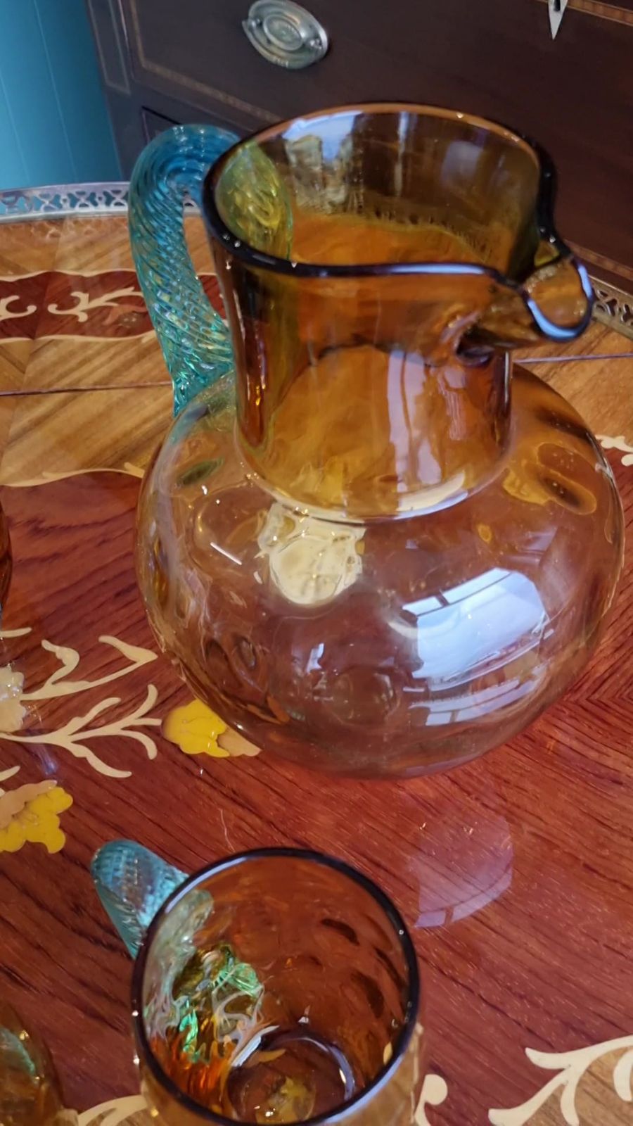 Rare Victorian Amber Dimpled Glass Water Jug Glassware Set Drinking Glasses Cups Mugs Turquoise Handles photo vintage