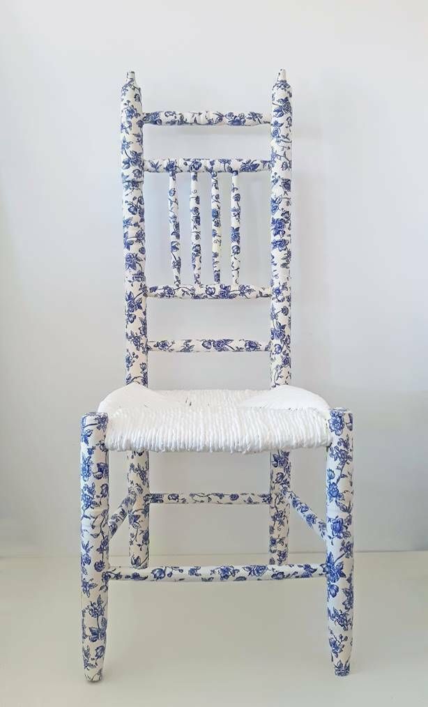 "From T Shirt To Couture Chair" Restyled Antique Turned Wood Tall Chair By Habitat Improver With Fabric Découpage And Paint