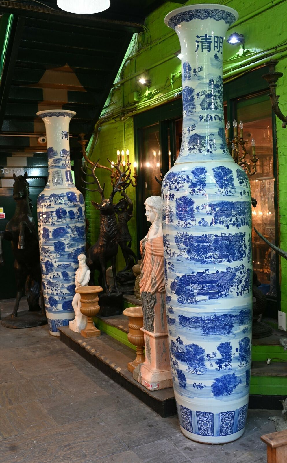 Pair Giant Blue And White Chinese Porcelain Urns Nanking Temple Jars 3 Metres