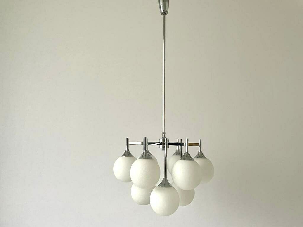 Beautiful 9 White Ball Glass And Chrome Body Chandelier By Kaiser Leuchten, 1960s, Germany photo Lighting