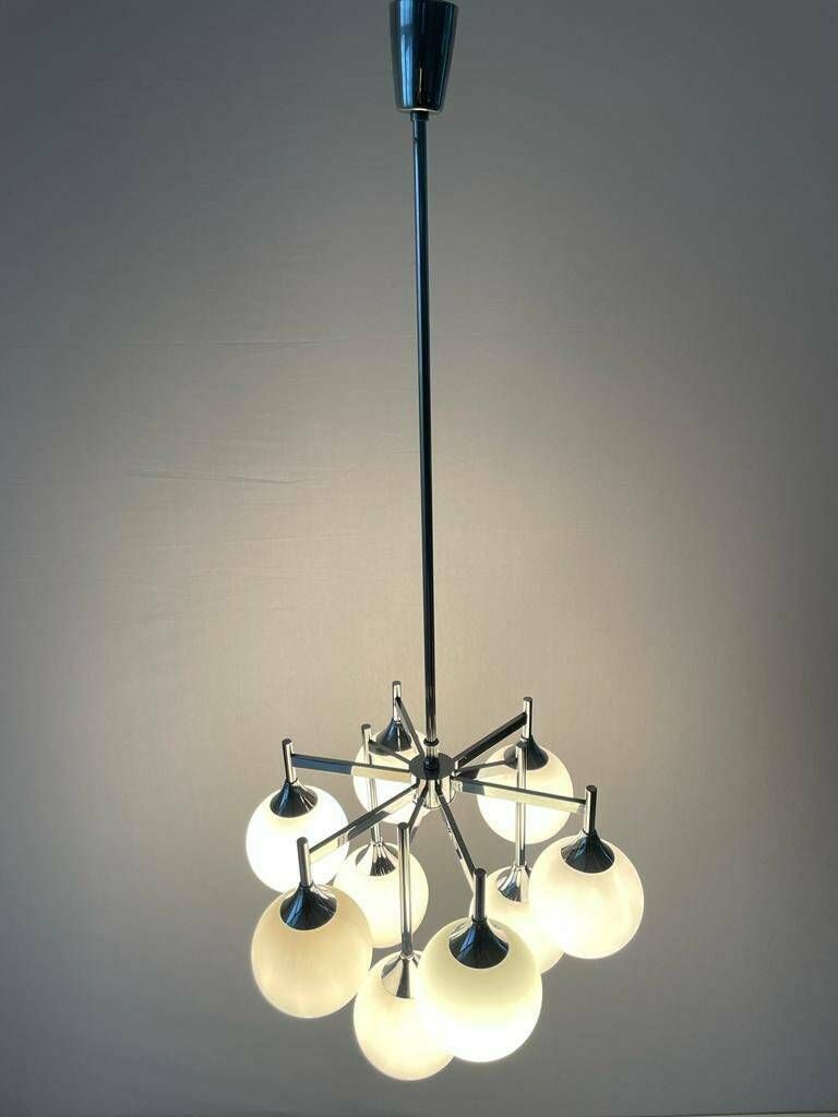Beautiful 9 White Ball Glass And Chrome Body Chandelier By Kaiser Leuchten, 1960s, Germany photo vinterior