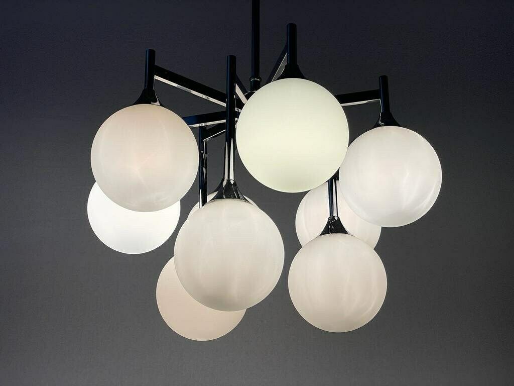 Beautiful 9 White Ball Glass And Chrome Body Chandelier By Kaiser Leuchten, 1960s, Germany photo buy