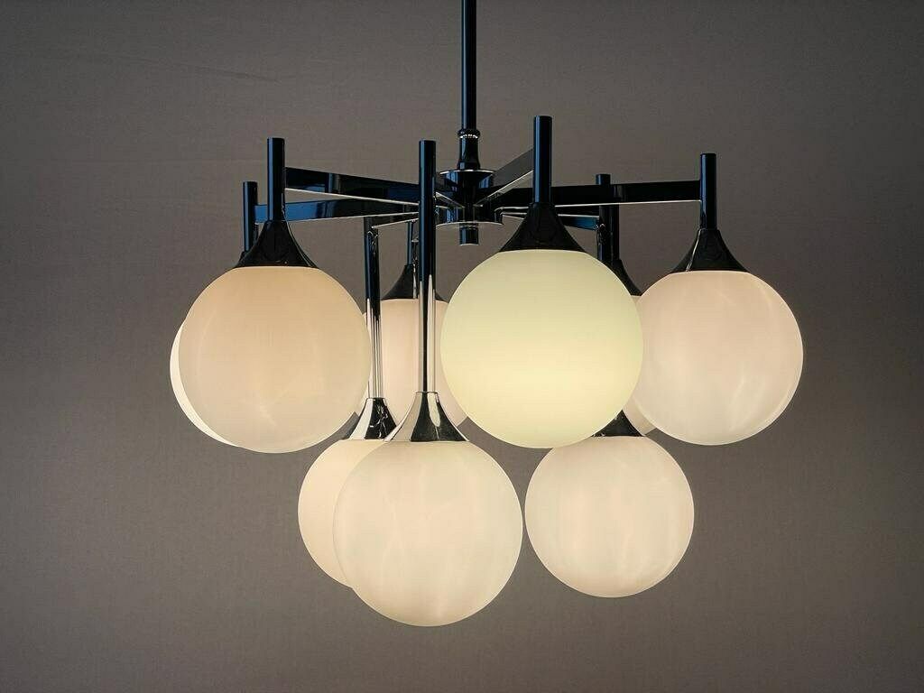 photo furniture Beautiful 9 White Ball Glass And Chrome Body Chandelier By Kaiser Leuchten, 1960s, Germany