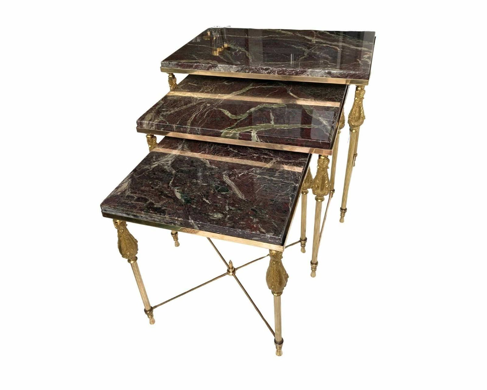 Marble Nesting Tables Brass | Brown Marble | 3pcs | Completely Restored And Polished! photo for sale