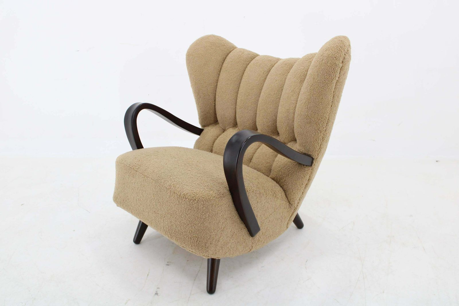 photo furniture 1940s Restored Wing Armchair In Boucle Fabric, Czechoslovakia