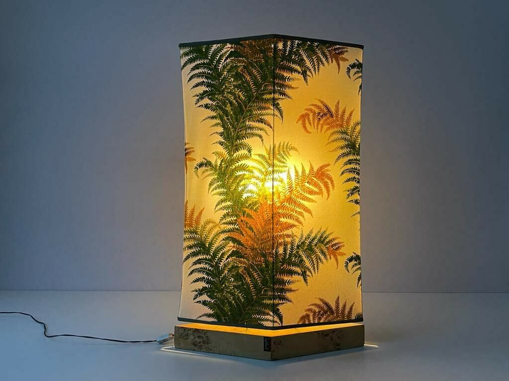 Forest Flower Theme Fabric Shade Italian Floor Lamp With Signed Wood Base, 1950s, Italy photo furniture