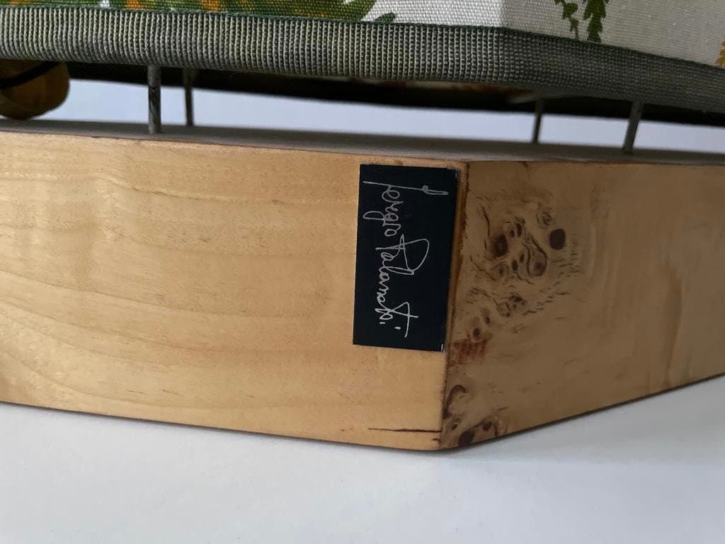 Forest Flower Theme Fabric Shade Italian Floor Lamp With Signed Wood Base, 1950s, Italy photo buy