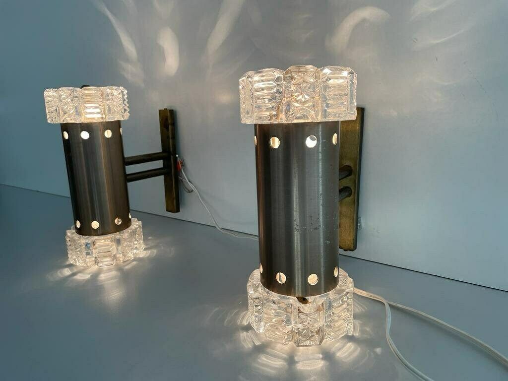 Italian Design Twin Shade Crystal Glass Pair Of Sconces By Stilux Milano, 1960s, Italy photo for sale